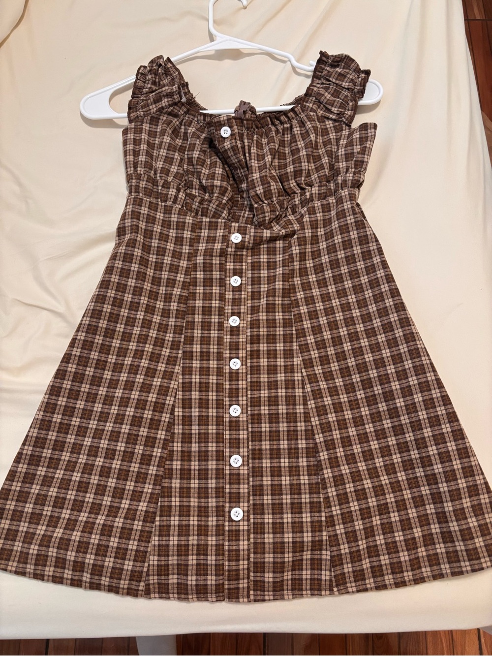 SHEIN Brown Plaid Button-Front Sundress with Ruffled Straps